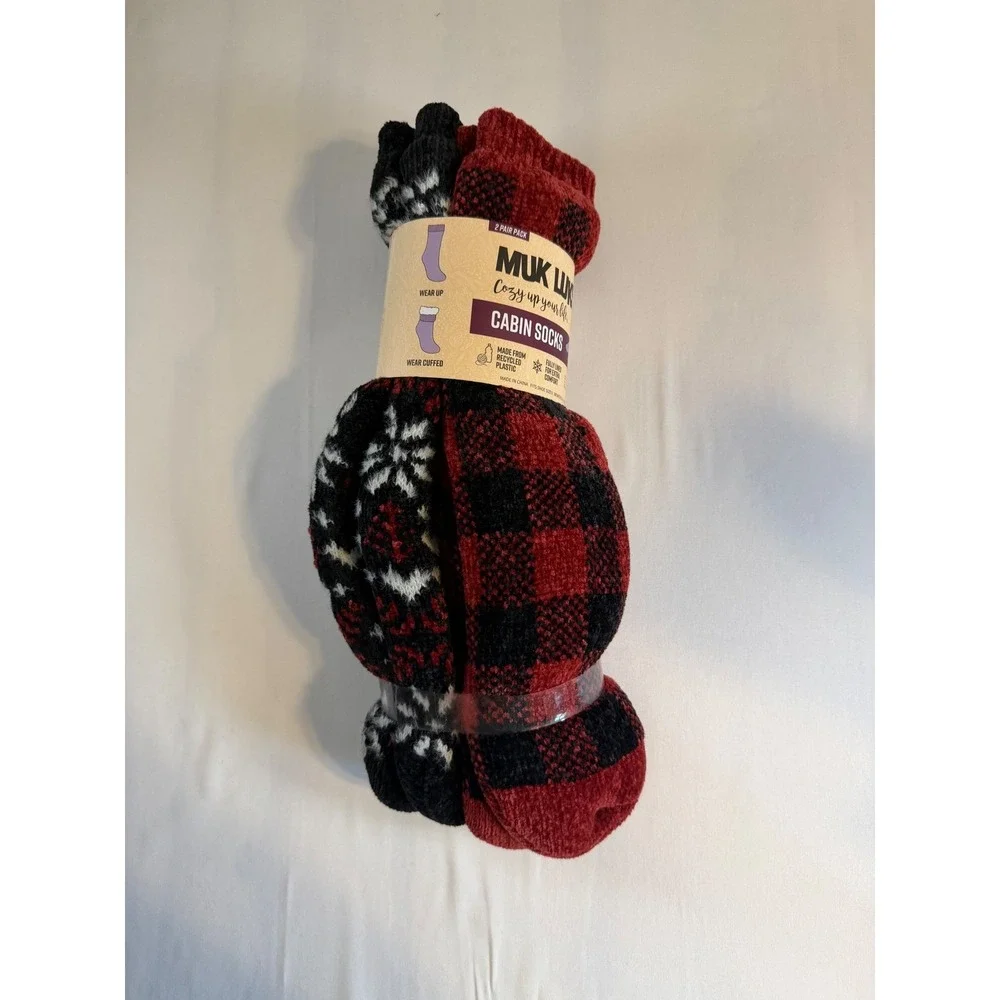 Muk Luks Cabin Socks 2 Pack Red Buffalo Plaid Snowflake Faux Fur Lined S/M